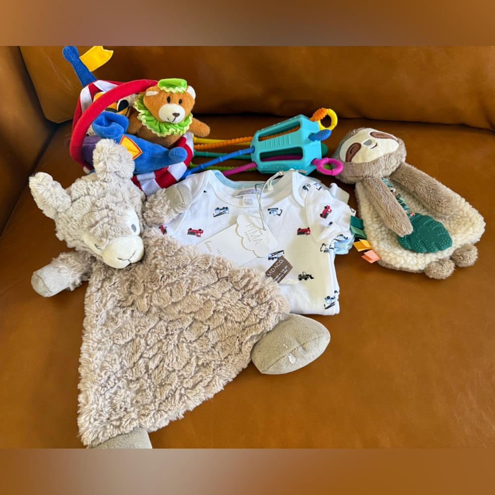 Infant bundle. 4 toys and 3 onesies